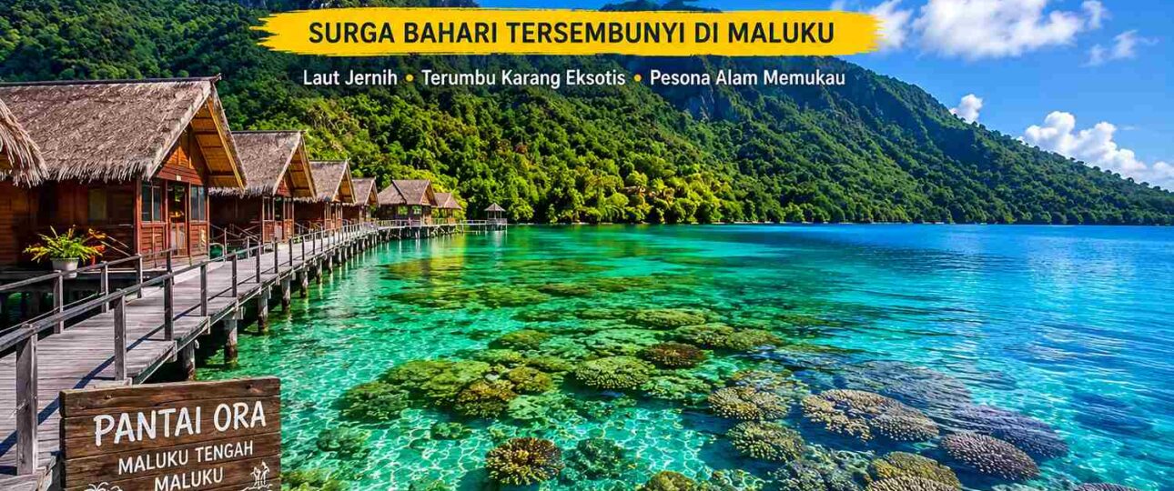 Pantai Ora di Maluku Tengah dengan laut jernih dan resort terapung