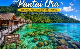Pantai Ora di Maluku Tengah dengan laut jernih dan resort terapung